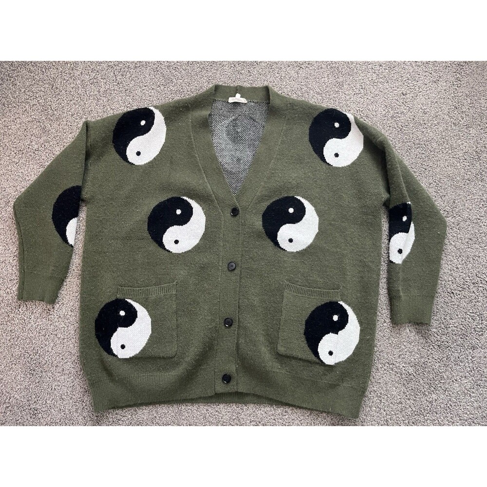 Jade By Jane Yin Yang Oversized Cardigan Olive Green L/XL EUC Cozy Knit Sweater